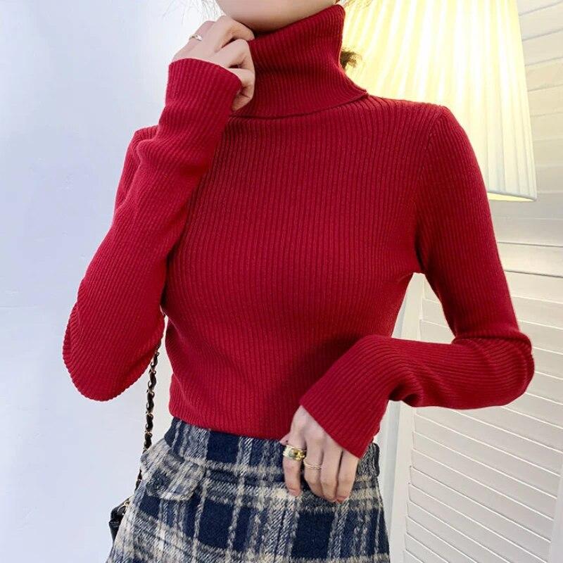 Women Pullover Turtleneck Sweater Autumn 2023 Long Sleeve Elastic Korean Simple Basic Jumper Solid Color Tops 16675