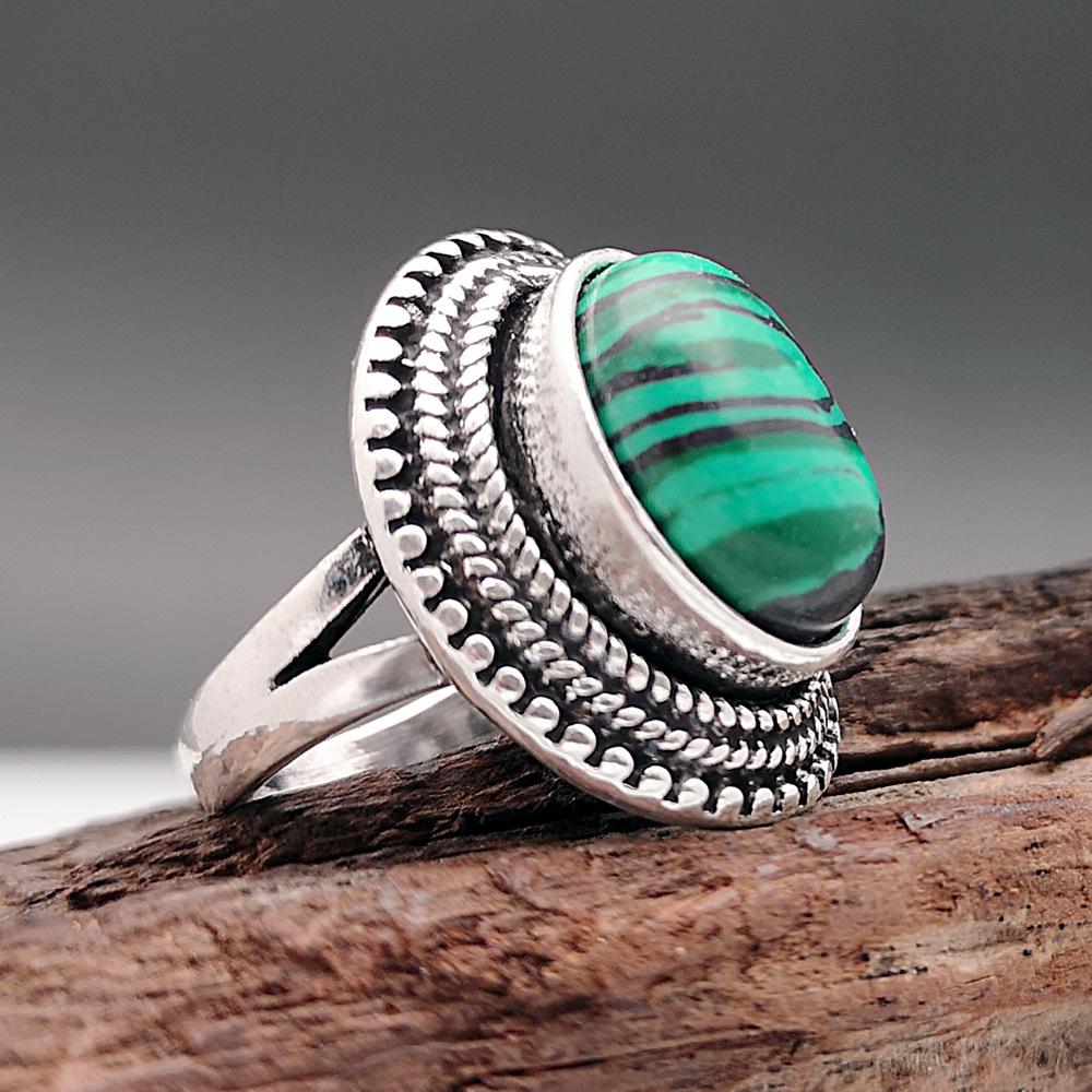 

Oval Malachite Rings for Women Antique Silver Plated Rhinestone Plum Flower Vintage Fashion Jewelry 10 зелений