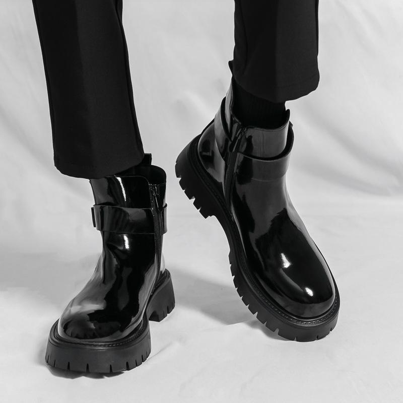 Men's Shiny Round Toe Chelsea Boots – Autumn/Winter Outdoor Fashion British Style with Zipper.