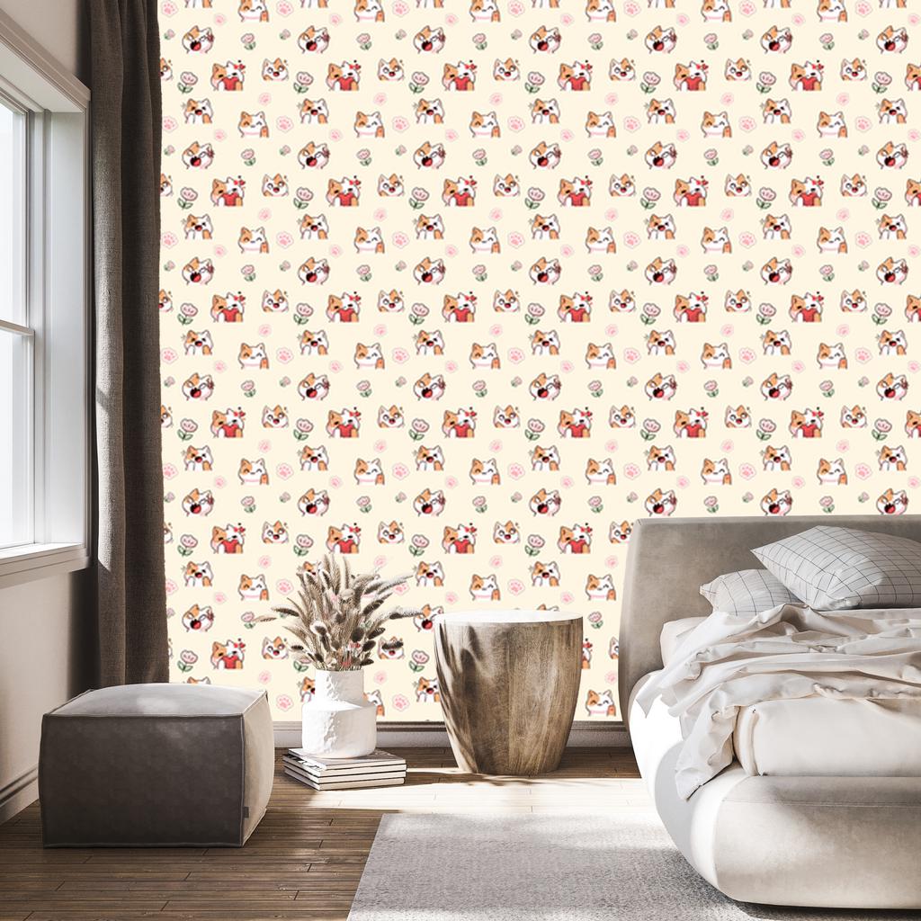 Wallpaper Cats Cream, Beige and Coral for Living Room and Bedroom 50x1000