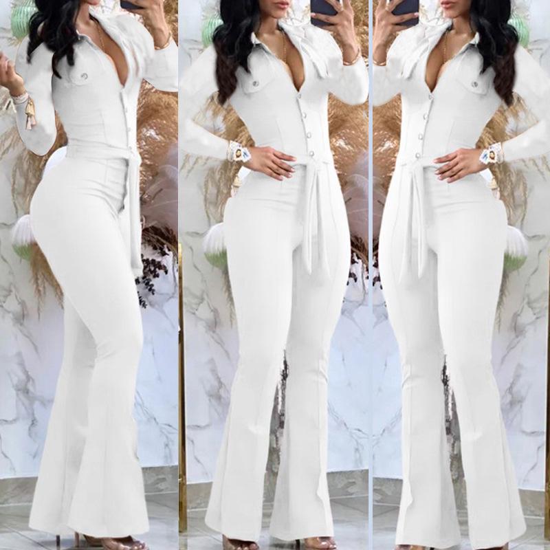 2025 Autumn/Winter Long-Sleeve Shirt Collar Jumpsuit with Mid-Waist Long Pants