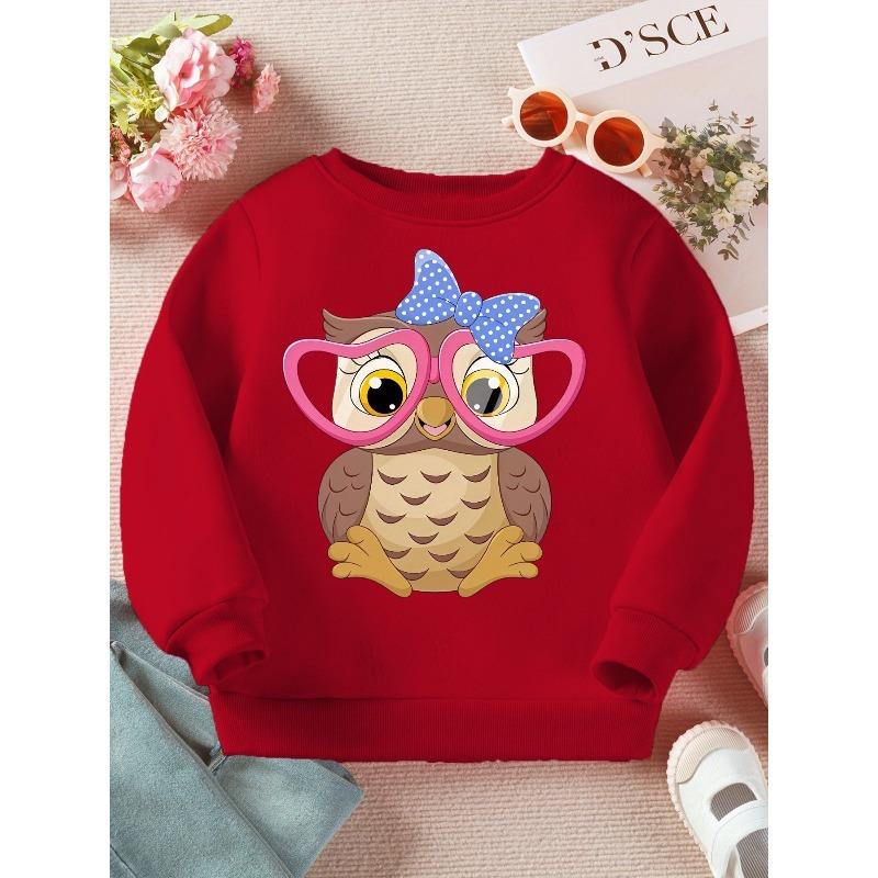 Kids Sweatshirt , Round Neck Sweatshirt Spring Autumn Cartoon Owl Big-Eyed Heart Glasses Bow Cute Print Casual Sweatshirt