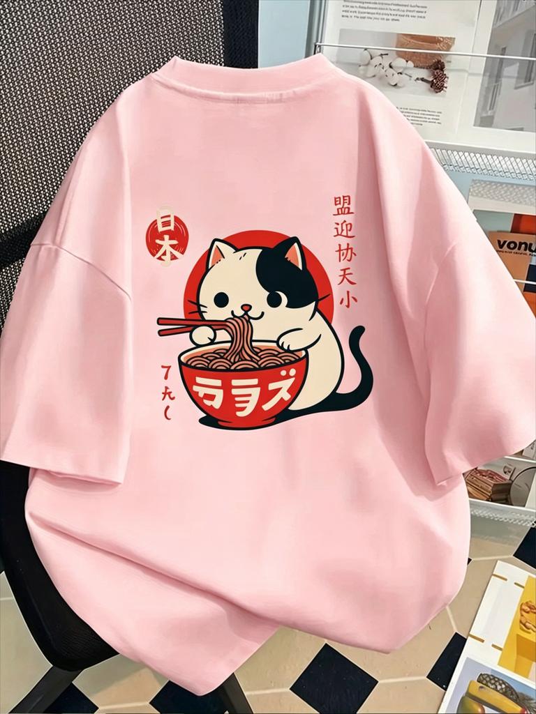 Kawaii Raunisex Cat Graphic T Shirt Japanese Kanji Back Print Harajuku Aesthetic Unisex Loose Casual Short Sleeve Tops