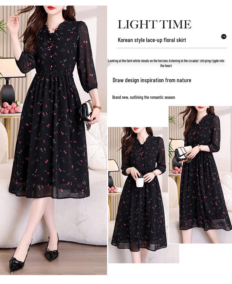 Floral Print Tie-Up Dress with Ruffle Lace for Mid-Age Moms - Long Sleeve, Over-the-Knee, Age-Reducing Design