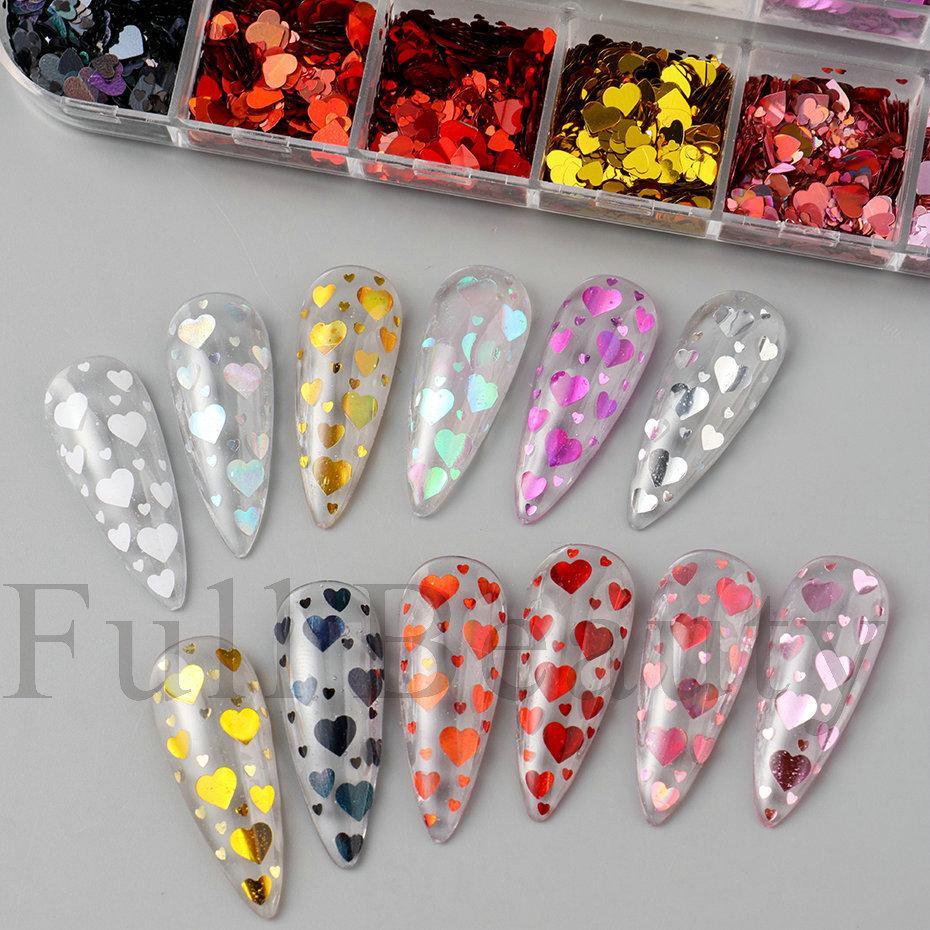 Nail Sequins 12 Boxes Mixed Sizes Love Sequins Romantic Valentine's Day Nail Sequins
