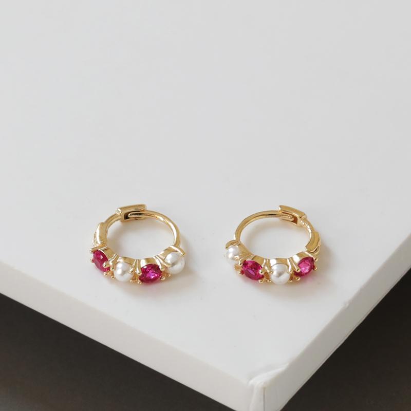 AU585 Earrings 6mm Inner Diameter Hoops With Pearl and Red Zircon Dainty Huggie Earrings 14K Gold inner diameter 6mm золотой