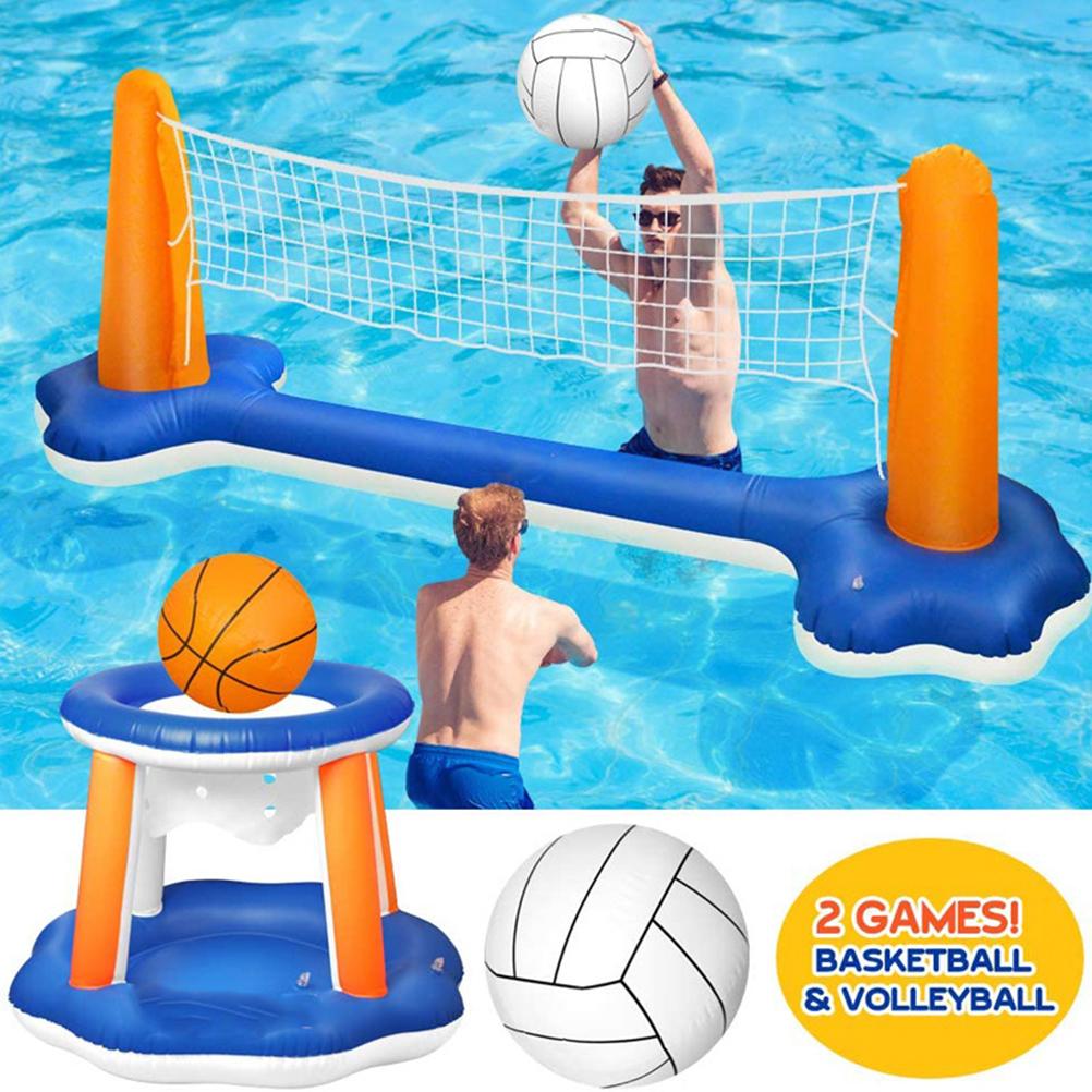 Inflatable Pool Float Set Volleyball Net and Basketball Hoops Floating Pool Swimming Game Toys for Kids and Adults