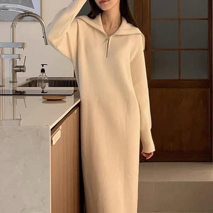 

Autumn Winter Knit Dress: Plus Size Solid Color, Chubby Sister Style, Age-Reducing, Long Sleeve 4XL (180-200 catties) абрикосовый