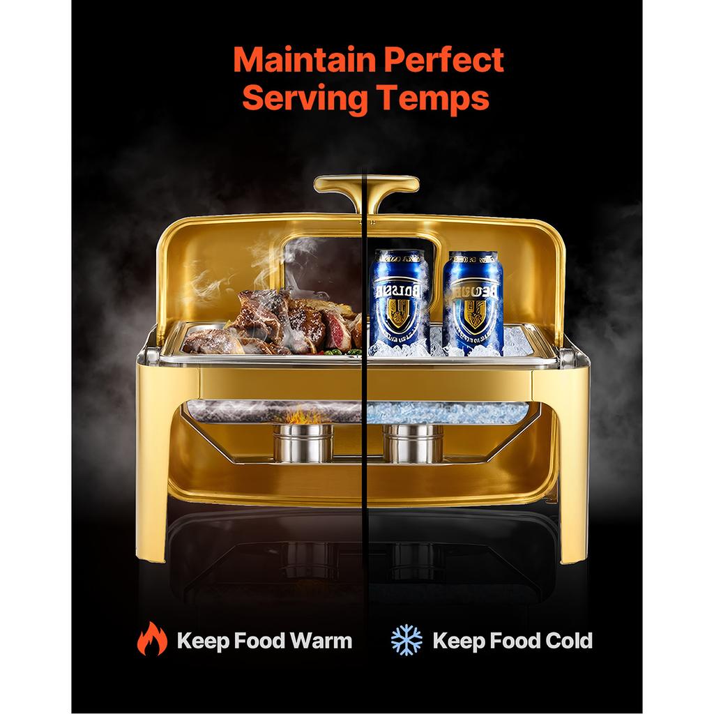 SucceBuy 9Qt Roll Top Chafing Dish Buffet Stainless Steel Chafer with Full Size Pan Visible Lid Rectangle Catering Warmer Server