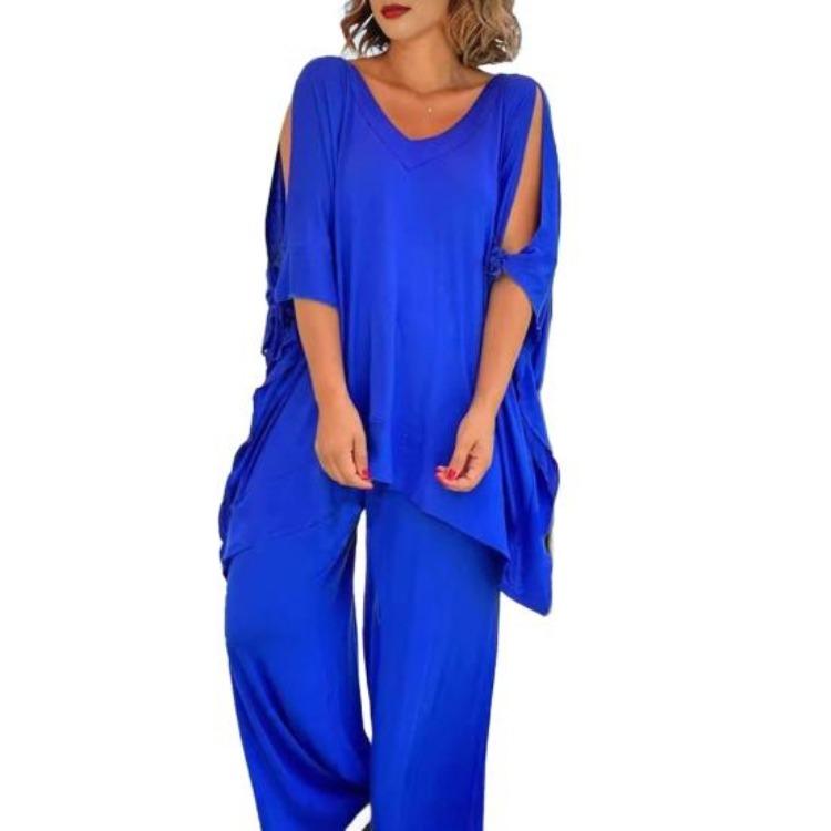 Boho Damen lockeres zweiteiliges Set lässiger Pullover-Top mit kurzen Ärmeln