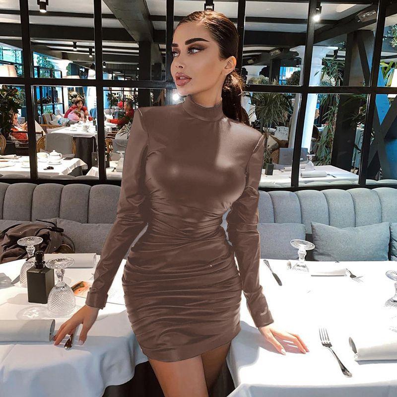 

Women s New 2023 Fall and Winter Leather Fashion Sexy Silm Padded Shoulder Pleated Long Sleeves Women Dress Women Coffee L