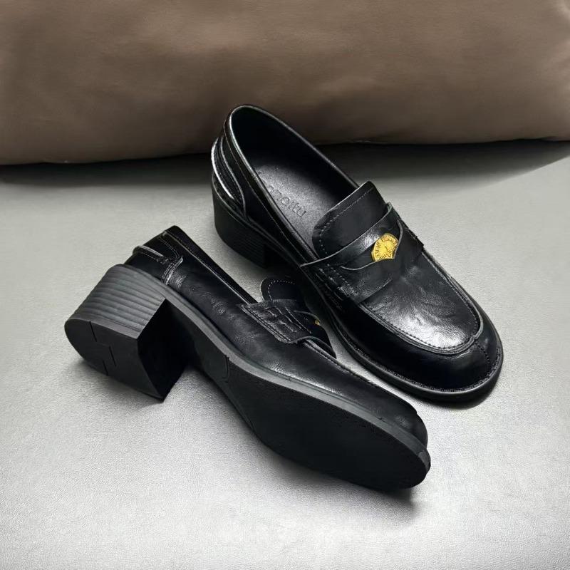[Su Family] Cowhide Edition~ Flat Bottom~ Horse Leather Retro Polished Small Gold Coin Loafu Single Shoes Women's Small Leather Shoes