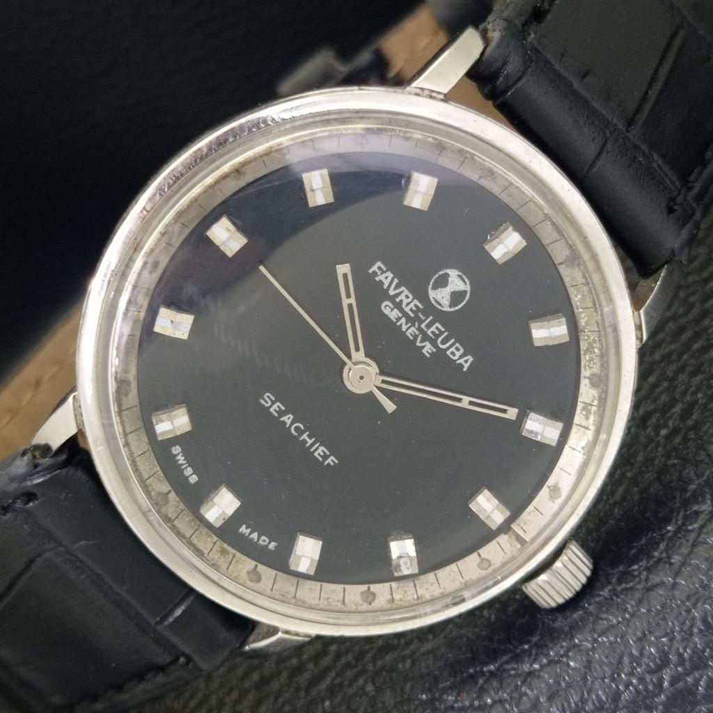 HAND-WINDING VINTAGE FAVRE LEUBA SEA CHIEF SWISS MENS BLACK DIAL WATCH a703835-1