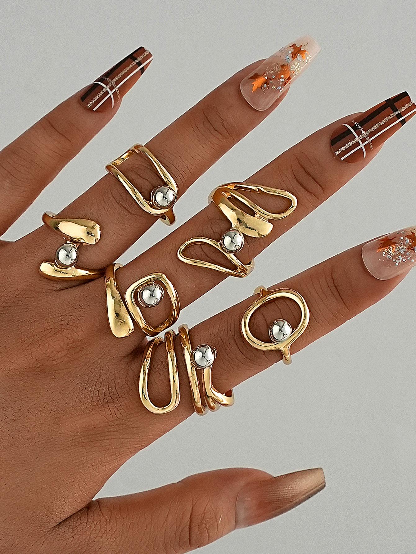 

IF ME 6Pcs Irregular Color Block Metal Ball Rings Set Women Fashion Unique Party Jewelry Accessories