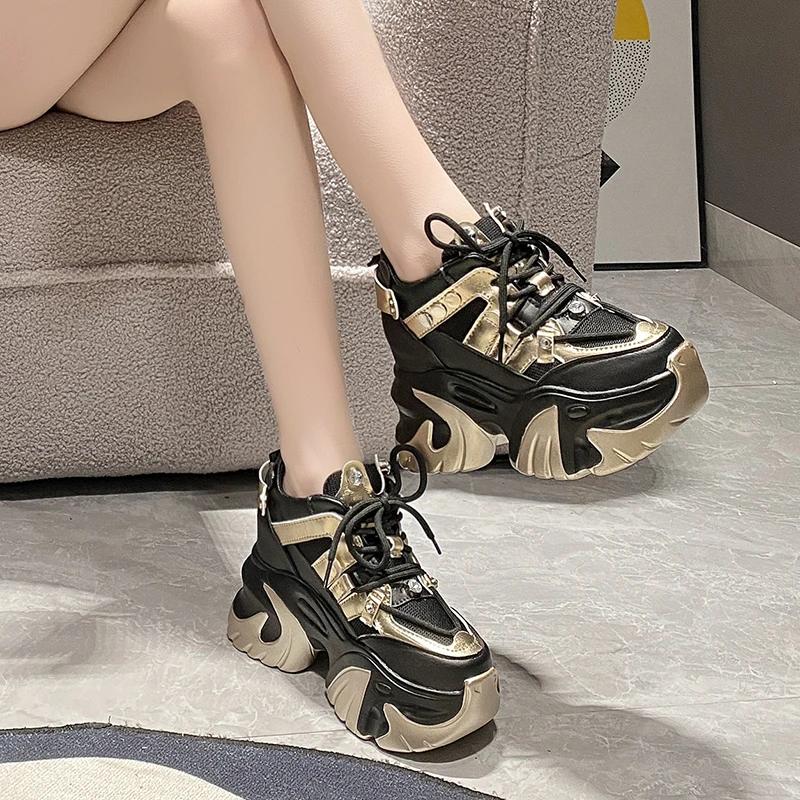 Fashion 10CM New 2024 Spring Women Chunky Sneakers Heels Lace-up High Platform Sports Shoes Woman Breathable Mesh Shoes Leather Sneakers
