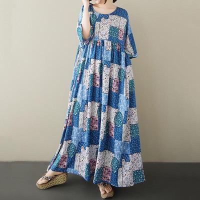 Kısa kollu Büyük beden Pamuklu vintage çiçekli yeni elbiseler kadınlar için rahat bol uzun yazlık elbise