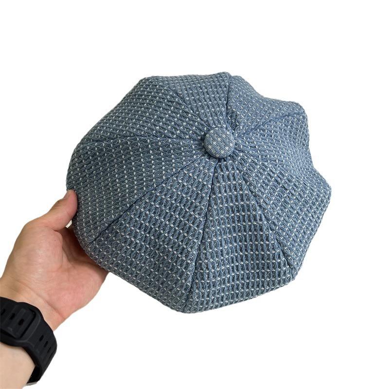 New plaid denim beret women's spring and autumn trend versatile octagonal pumpkin hat couple painter hat