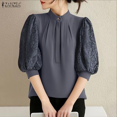 Women Round Neck Lace Splice 3/4 Sleeve Elegant Casual Blouse