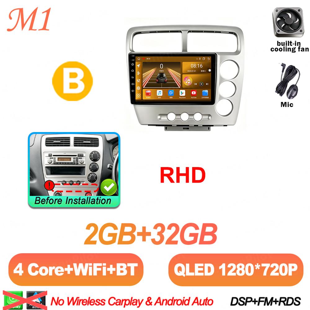 Android 16 For HONDA Civic EP3 2000-2005 Car Radio Stereo Head Unit Multimedia Video Player GPS Navigation 2K QLED 9 Inch 8 Core