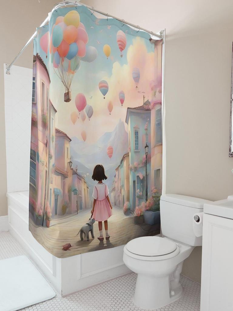 Mädchen und Ballons Duschvorhang | Verträumte Badezimmerdekoration für Kinder