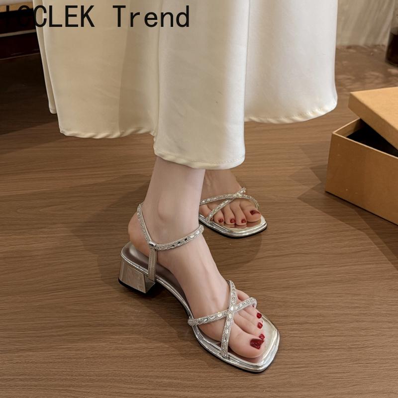Women's Summer Crystal Narrow Band Women Sandals Concise Comfort Thick Heel Footwear for Ladies