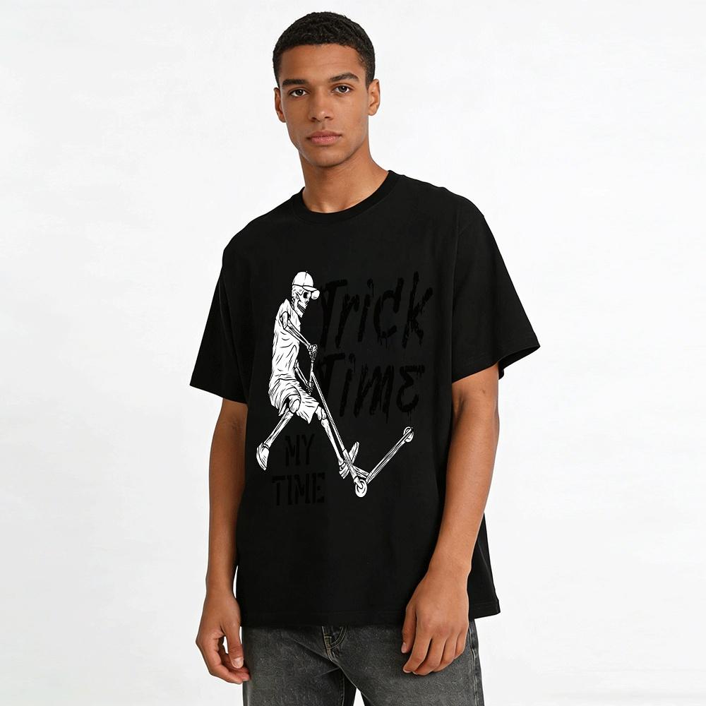 Skeleton Trick Scooter Print T-Shirt Cool Street Style Trendy Top Pure Cotton T-shirt