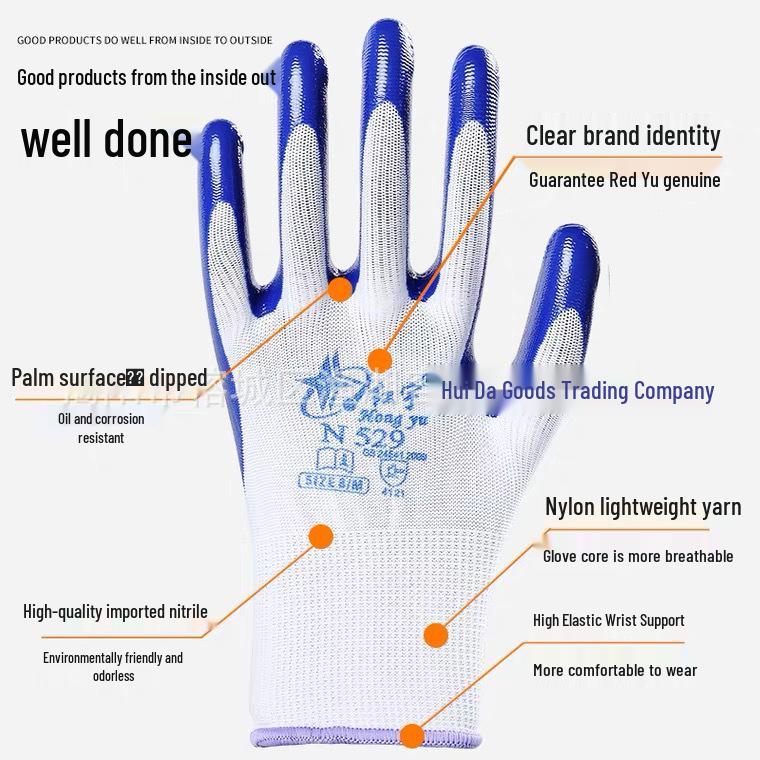 Hongyu N529 Nitrile Work Gloves - Wear-Resistant, Anti-Slip, Ideal for Construction, Express Handling, Gardening, and Pest Control.
