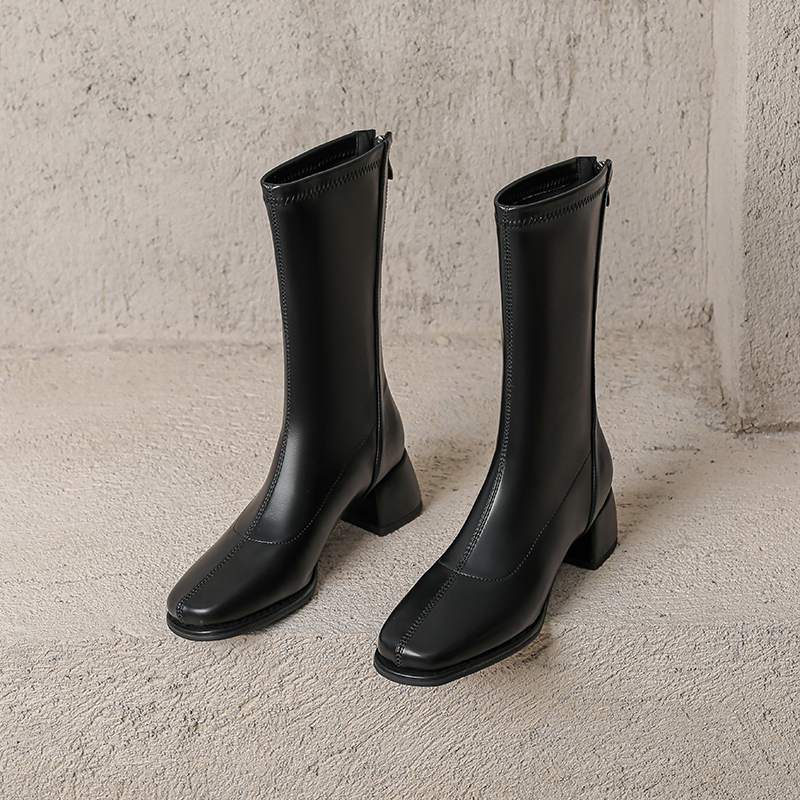 Krazing Pot Microfiber Autumn Winter Shoes Thick Med Heels Size 43 Chelsea Boots Apricot Zipper Mid-calf Boots