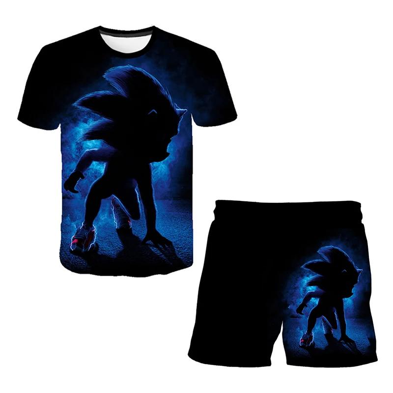 2025 MINISO New boys and girls super sonic Tshirts+shorts  Harajuku Sonic print suit T-shirt + shorts fashion street style children's short sleeves