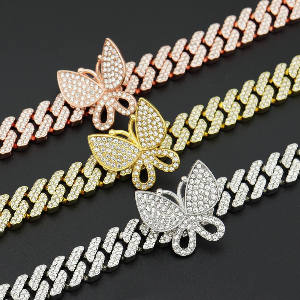 European American Hip Hop Butterfly Iced Out Bracelet, 12mm Full Diamond Rhombus Hiphop Punk Alloy Bracelet