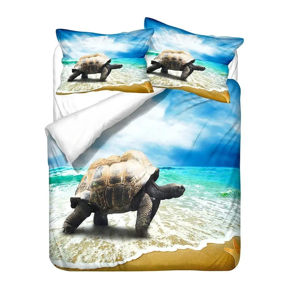 Sea Turtle Duvet Cover King Size Shark Bedding Set,Ocean Animals Bed Set,Tortoise and Coral Printed Polyester Comforter Cover