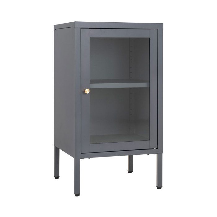 Small Sideboard with 1 Door, 38x35x70 Cm, In Glass and Gray Metal
