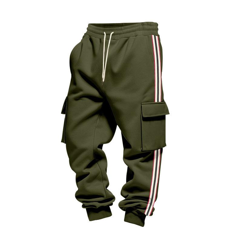 Men Cargo Jogger Sweatpants, Elastic Drawstring Waist Side Flap Cargo Pockets Stripe Seam Ribbed Ankle Cuffs Soft Fleece Casual Athletic Trousers