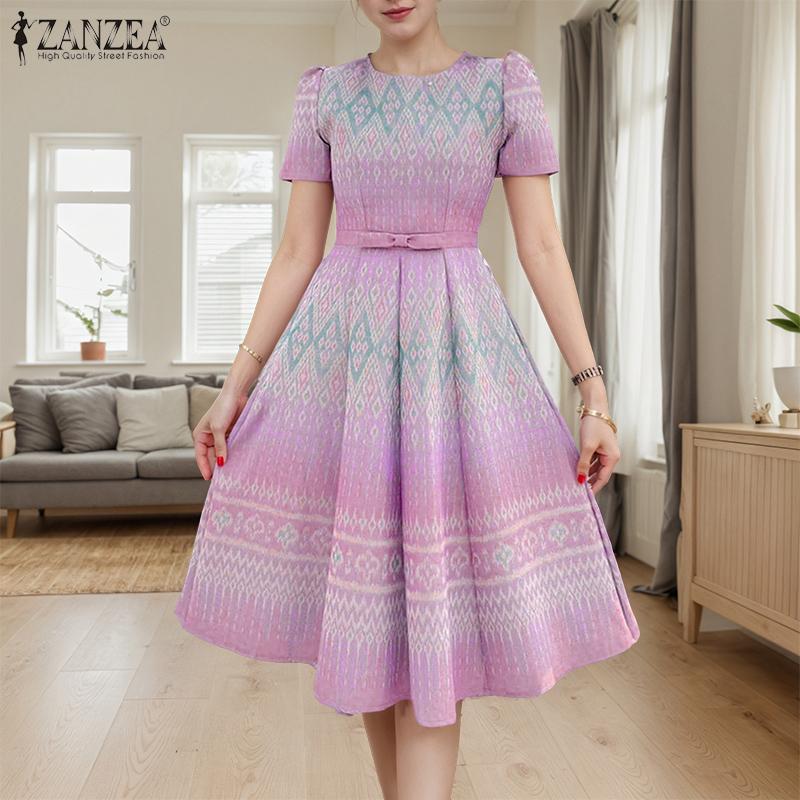 ZANZEA Damen Sommer Casual Rundhals Kurzarm Print Kleid