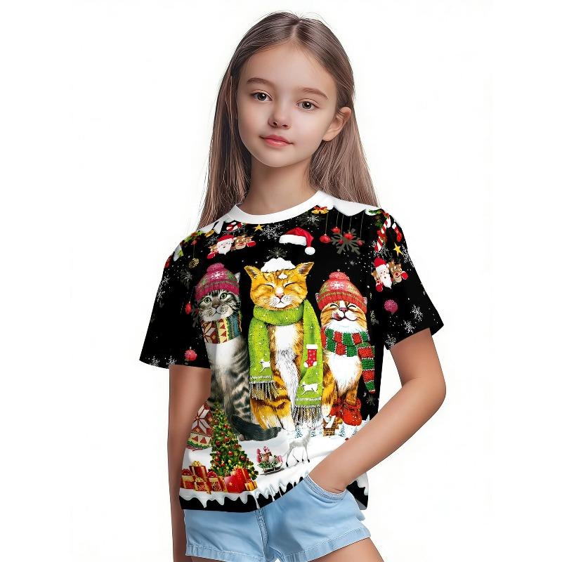 T-Shirt Girls 3D Printed Christmas Featuring Santa Claus Short Sleeve O Neck Casual Christmas Clothes Girls Top