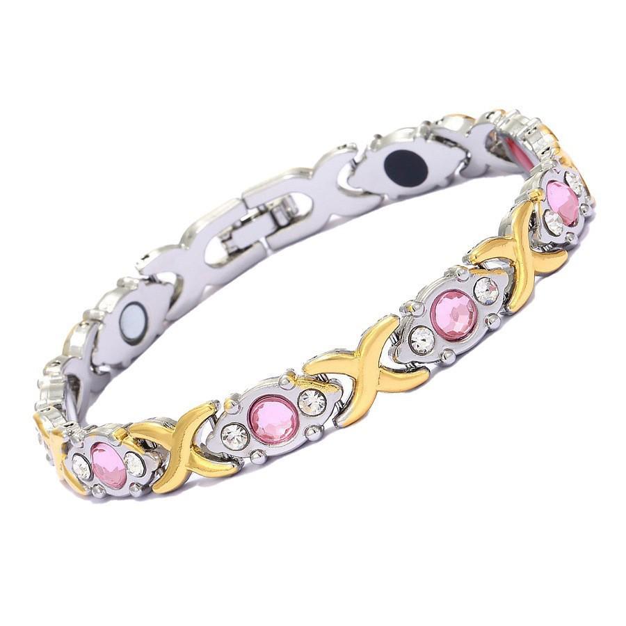 Bracciale Magnetico Europeo e Americano Transfrontaliero con Inlay di Foglie e Diamanti, Rame Rosso Antico, Spazzolato, Regolabile.