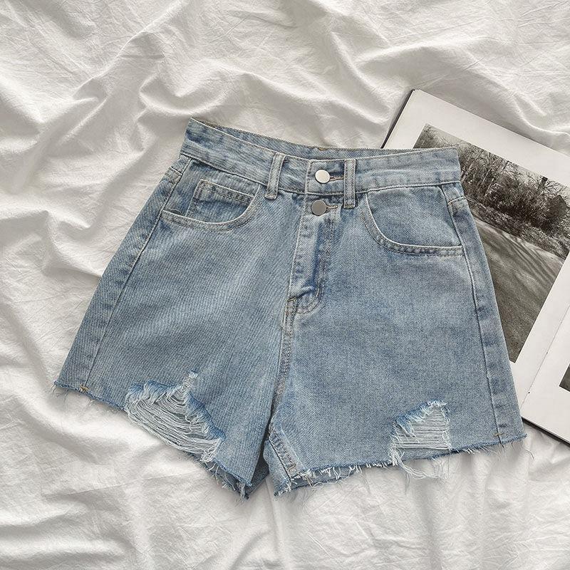 Pants Classic and Minimalist Fashion Versatile Summer Broken Hole Female Thin High Waist Wide Leg Ragged Denim Shorts Individuality and Trendiness