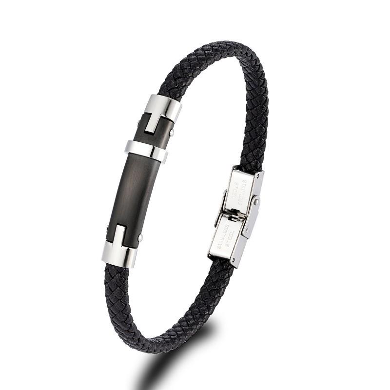 Trendy Cool Black Leather Rope Woven Bracelet Steel Contrasting Color Simple Personalized Versatile Internet Famous Niche Accessory