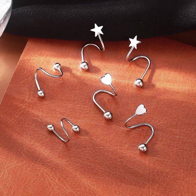 Silver S-shaped Heart-shaped Star-shaped Round Ball Stud Earrings with Rotating Screw Fastening Clasps