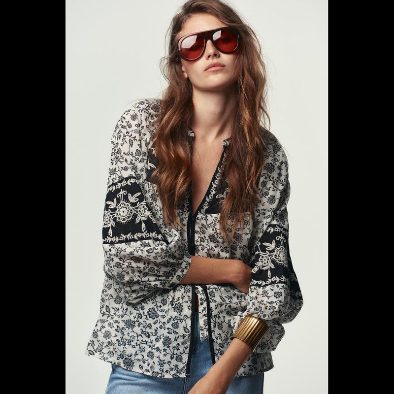 Zbzr Autumn New Women Clothes Western Style Fashion Design Flower Print Embroidered Beaded Shirts 1821222