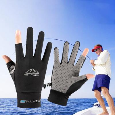 Fishing Men Gloves Women Two Fingers Cut Ice Silk Summer Sun Protection Elastic Non-slip Thin Breathable Driving Cycling Gloves