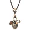 Western Styles Long Chain Necklace Artisanal Crafted Wax Cord Alloy Pendant Wooden Bead Accents Retro Fashion Accessory
