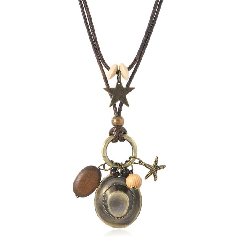 Western Styles Long Chain Necklace Artisanal Crafted Wax Cord Alloy Pendant Wooden Bead Accents Retro Fashion Accessory