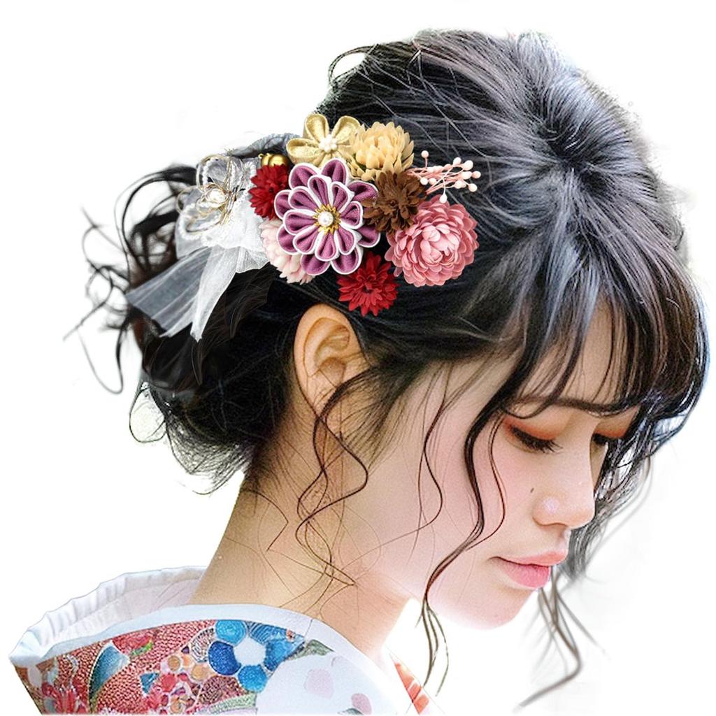 Hair Ornament Set Coming of Age Ceremony Furisode Tsumami Work Yukata Thirteen Pilgrimage Flower Hairpin Hair Accessory Comb Pin 3-piece Kk-013 (Plum)