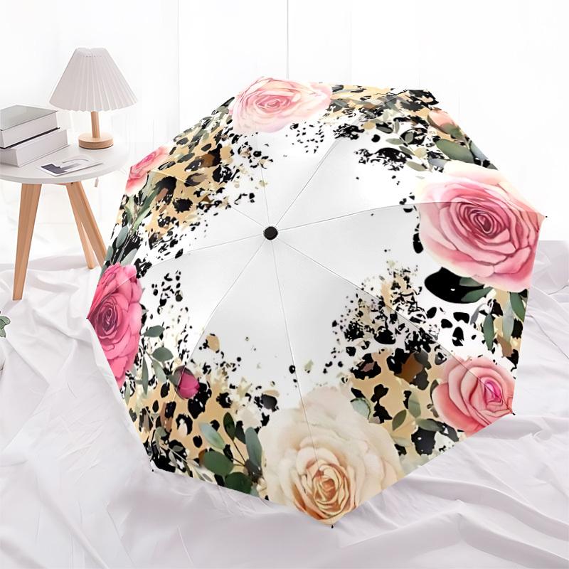 1pc Floral Leopard Print Auto-Fold Umbrella with One-Touch Open/Close - 8 Reinforced Ribs for Windproof Stability Yy251118143