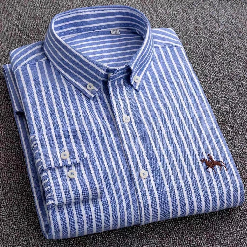 Men's Pure Cotton Embroidered Oxford Shirt - Long Sleeve, Solid Color, Spring/Autumn Business Casual