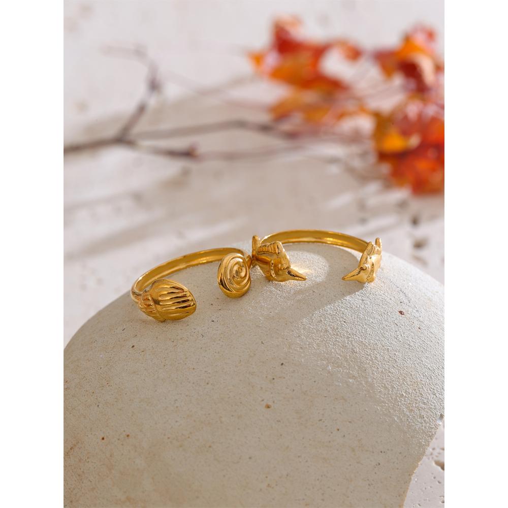 Yhpup Adjustable Ocean Seashell Conch Fish Pattern Open Ring Wholesale 18K Golden Plated Stainless Steel Personalized Jewelry
