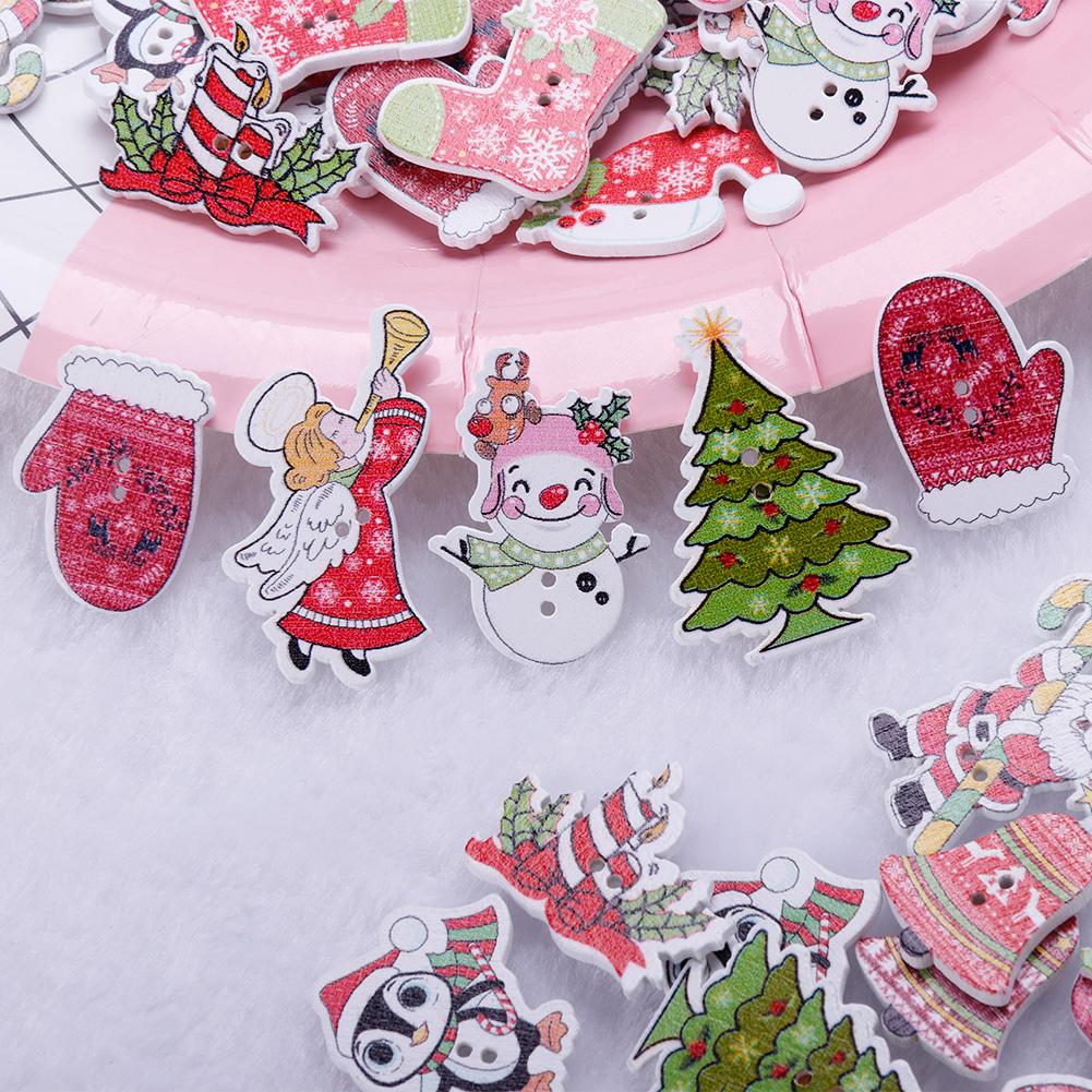 50PCS DIY 2 Holes Wooden Buttons Wood Christmas Decorative Cartoon Handmade Scrapbooking for Craft Supplies Sewing Accessories