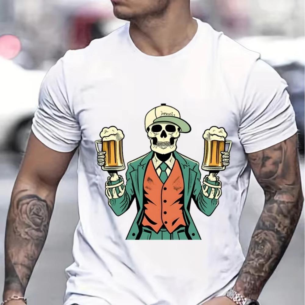 Skeleton Cheers Beers Print Summer T-shirt Men Skeleton and Beer Pattern Funny T Shirts Man Beer Lover Gifts Fashion Casual Tops