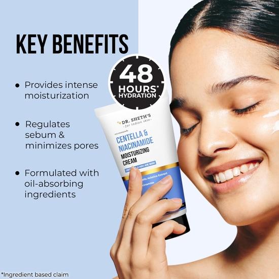 Dr. Sheth's Centella And Niacinamide Moisturizing Cream |For Oily & Acne Prone Skin | Fades Acne Marks & Controls Excess Oil | 48-Hour* Hydration| 50G